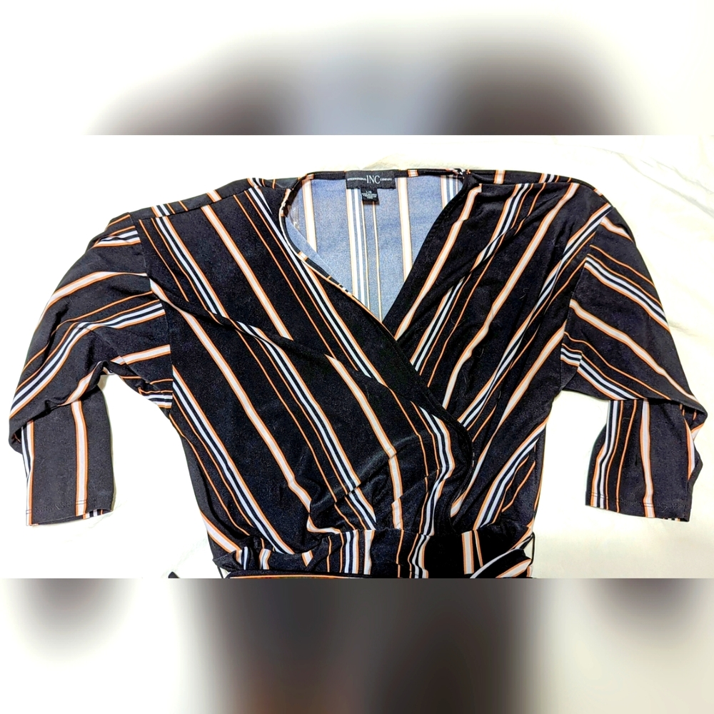 3/4 sleeve romper, jumpsuit size lg, black with stripes, EUC